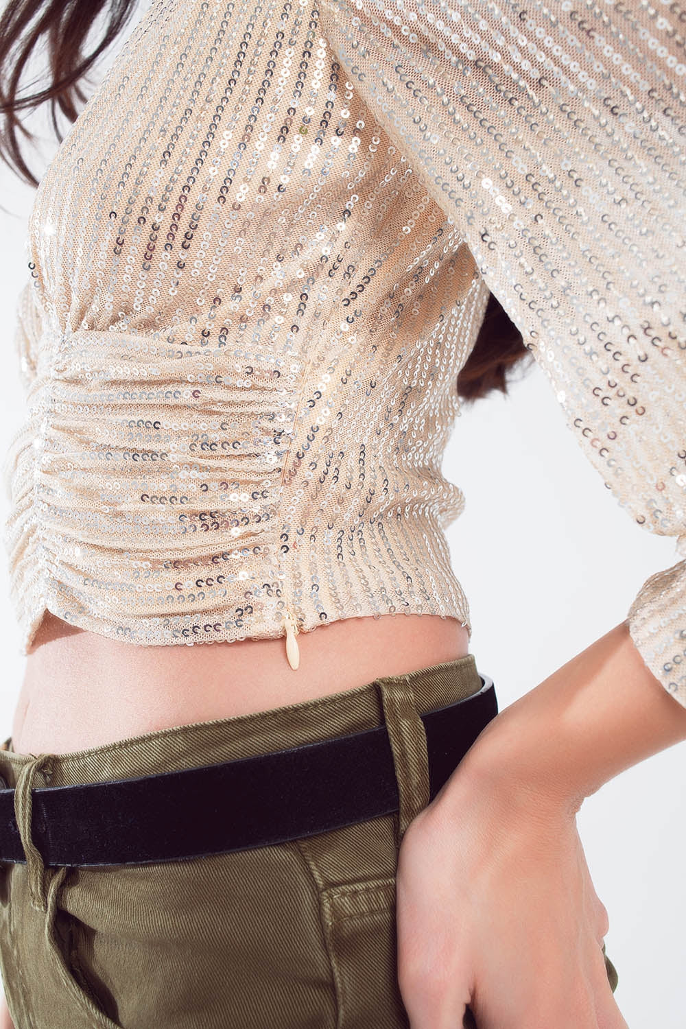 Cropped long Sleeve Sequin Top With V-neck and Rouched Design in Pearl White Q2 Tops BoutiqueLua