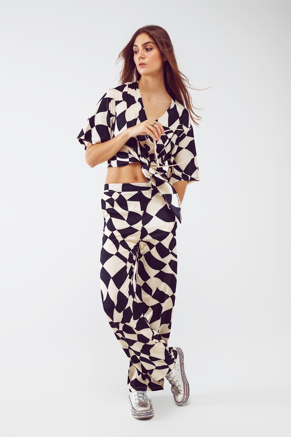 Cropped Shirt With Knot in Bauhaus Abstract Black and White Print Q2 Shirts BoutiqueLua