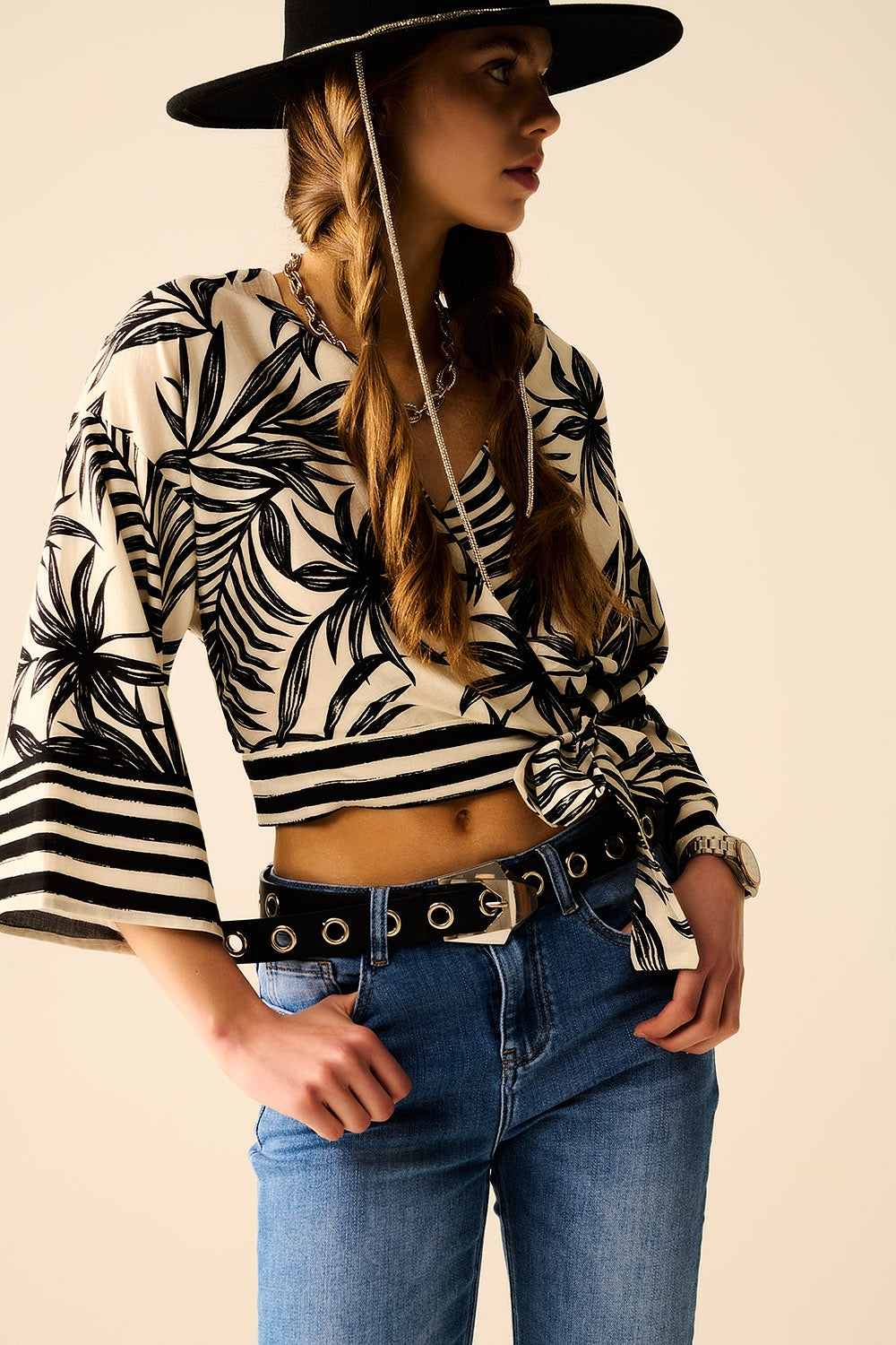 Cropped Top In White With Tropical Motif in Black - Tops