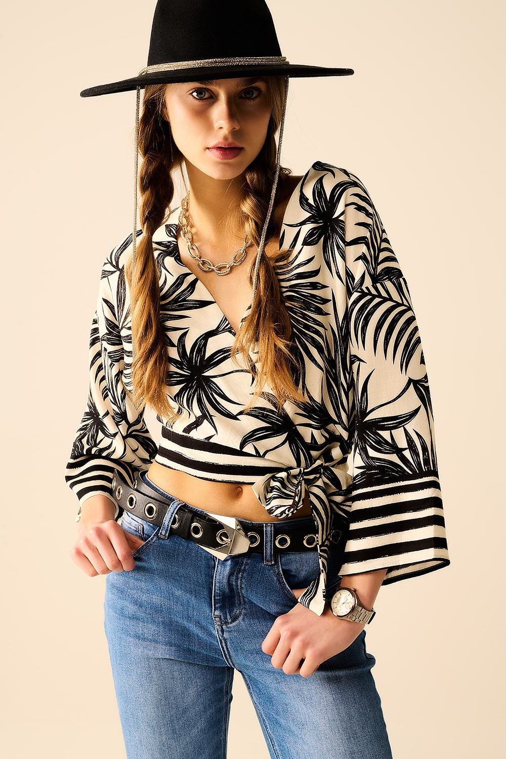 Cropped Top In White With Tropical Motif in Black - Tops