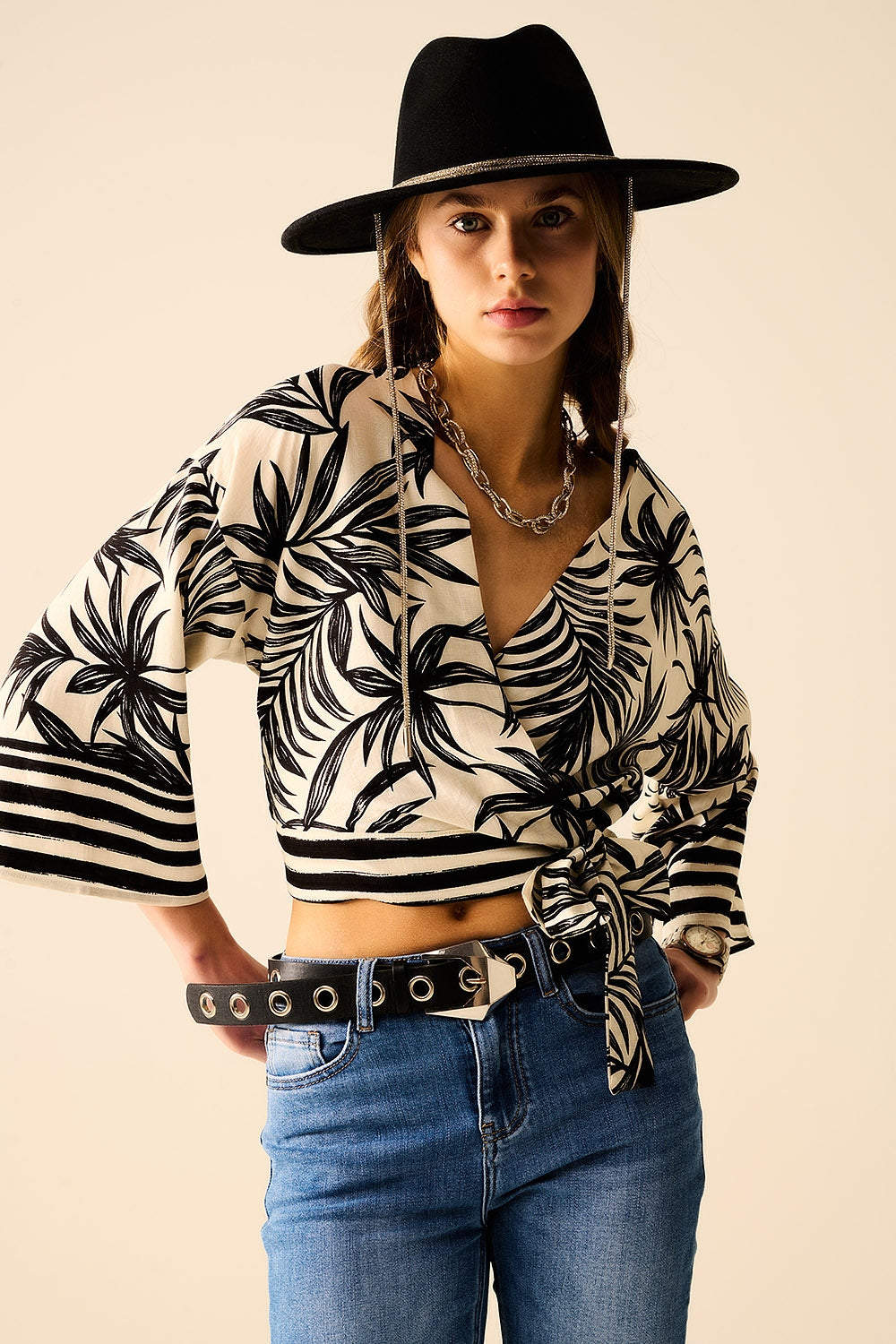 Cropped Top In White With Tropical Motif in Black - Tops