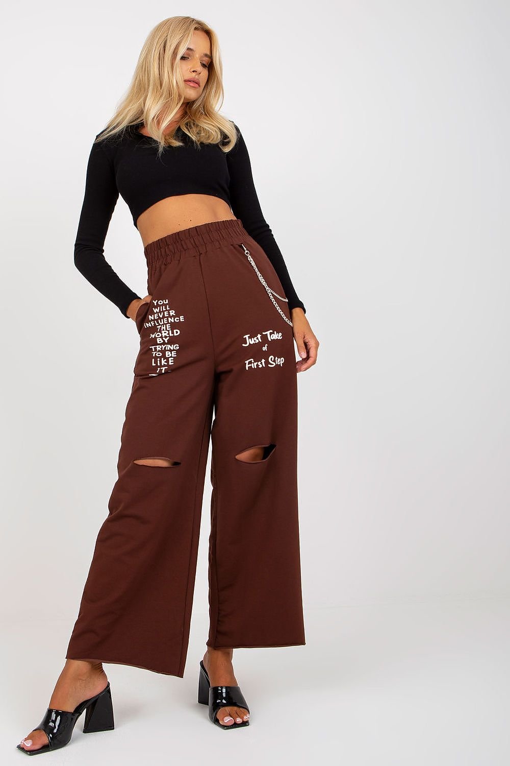 Stylish Wide Leg Women's Sweatpants with Chain brown one-size-fits-all - Trousers