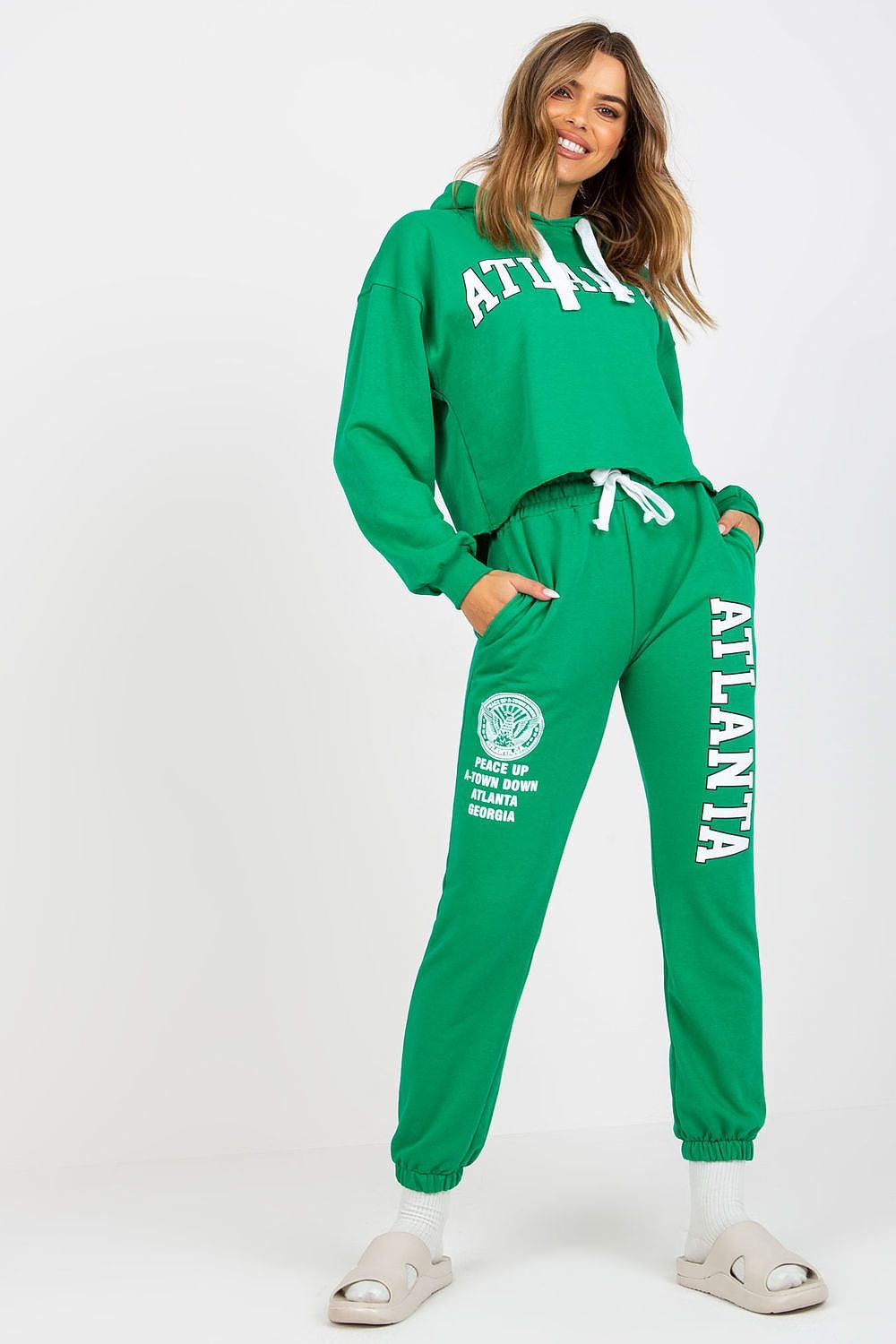 Cozy Sweatshirt Set with Hooded Sweatshirt and High-Waisted Pants green one-size-fits-all - Outfit Sets
