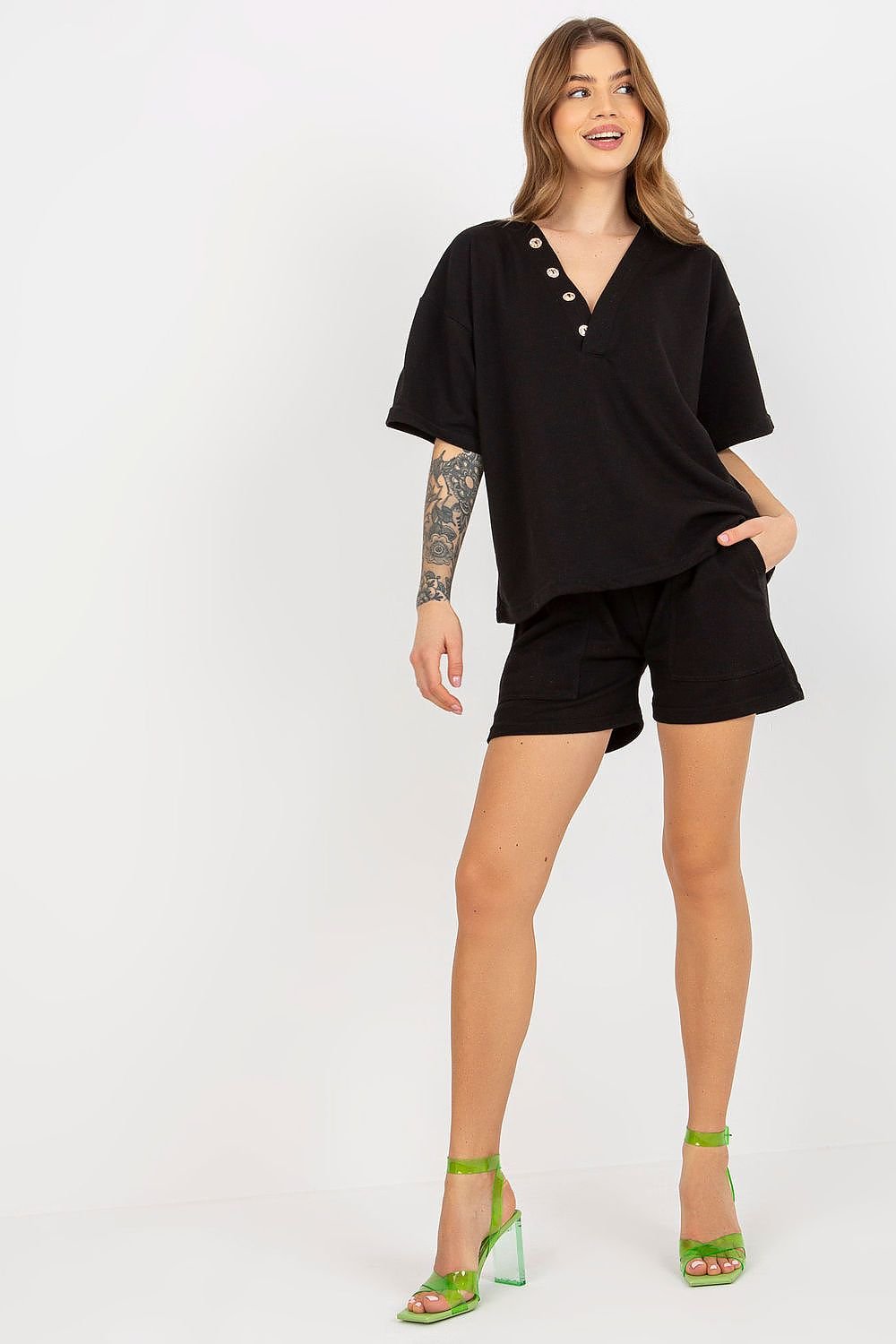 Stylish Heart Neckline Tracksuit Set with Shorts - Outfit Sets