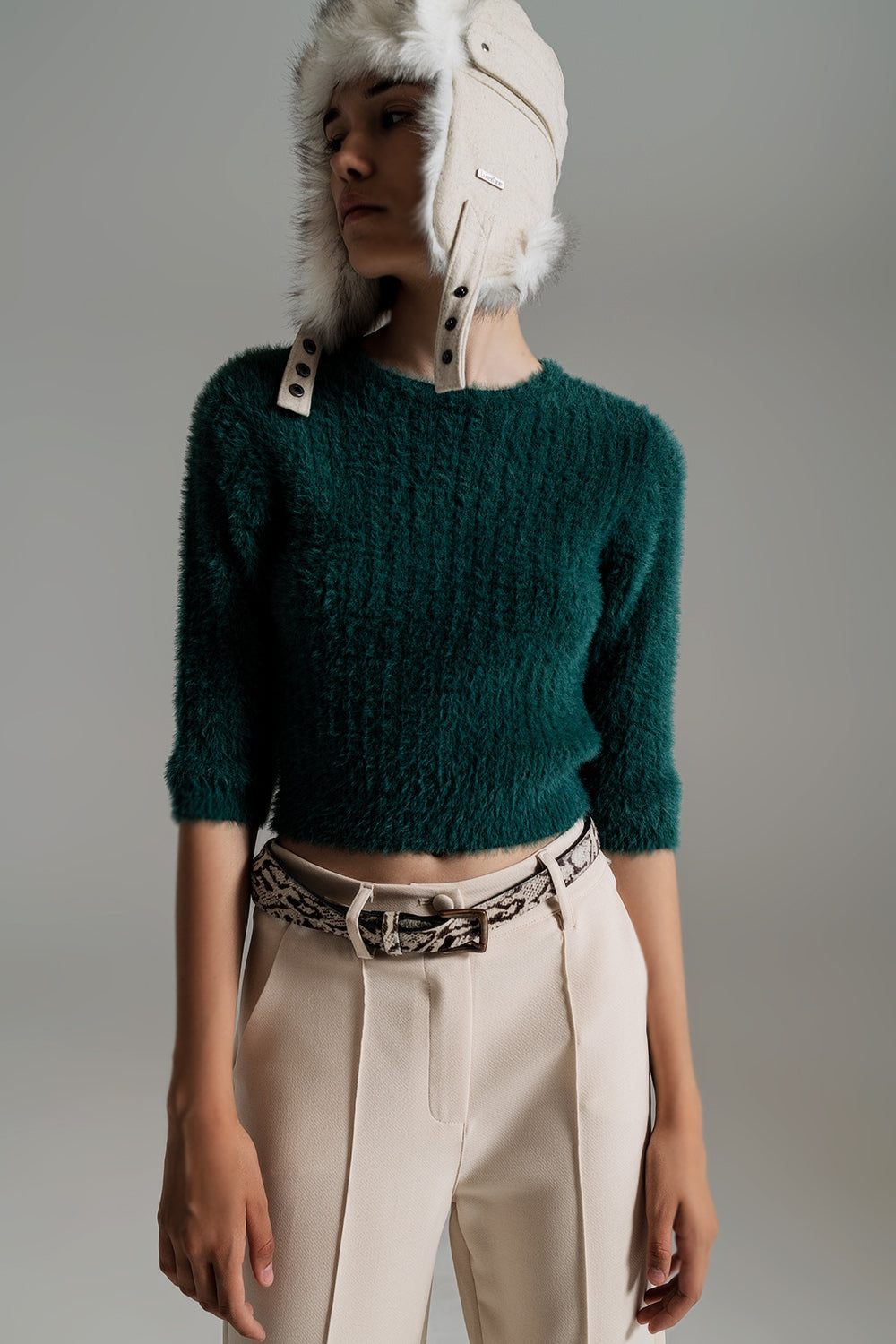 Dark green fluffy knit sweater with 3/4 sleeves Q2 Sweaters BoutiqueLua