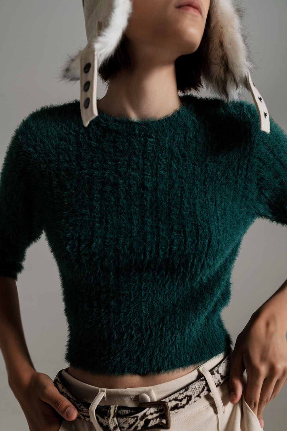 Dark green fluffy knit sweater with 3/4 sleeves Q2 Sweaters BoutiqueLua
