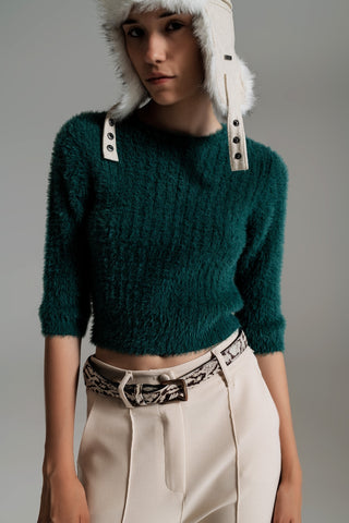Dark green fluffy knit sweater with 3/4 sleeves