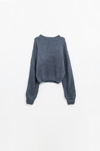 Dark grey chunky knit sweater with balloon sleeves