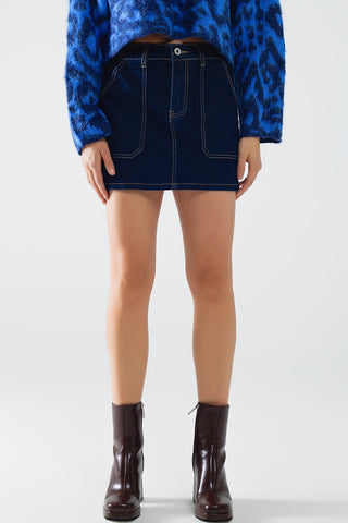 Dark wash denim mini skirt with front pockets