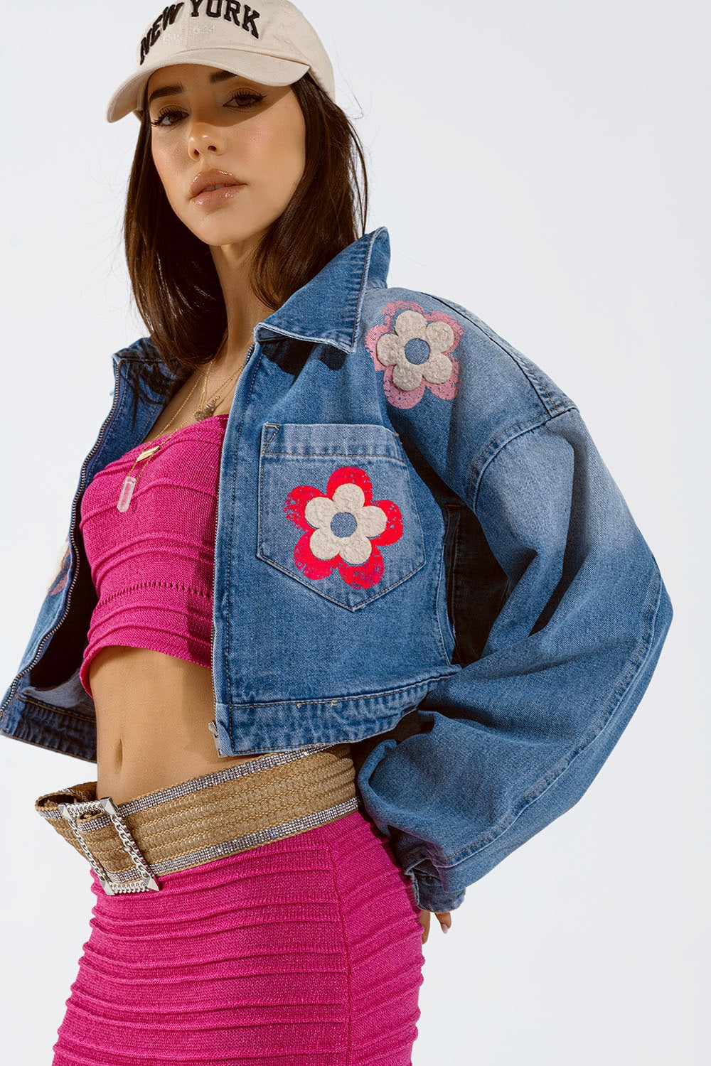 Denim Cropped Jacket WIth Flower Details - Jackets