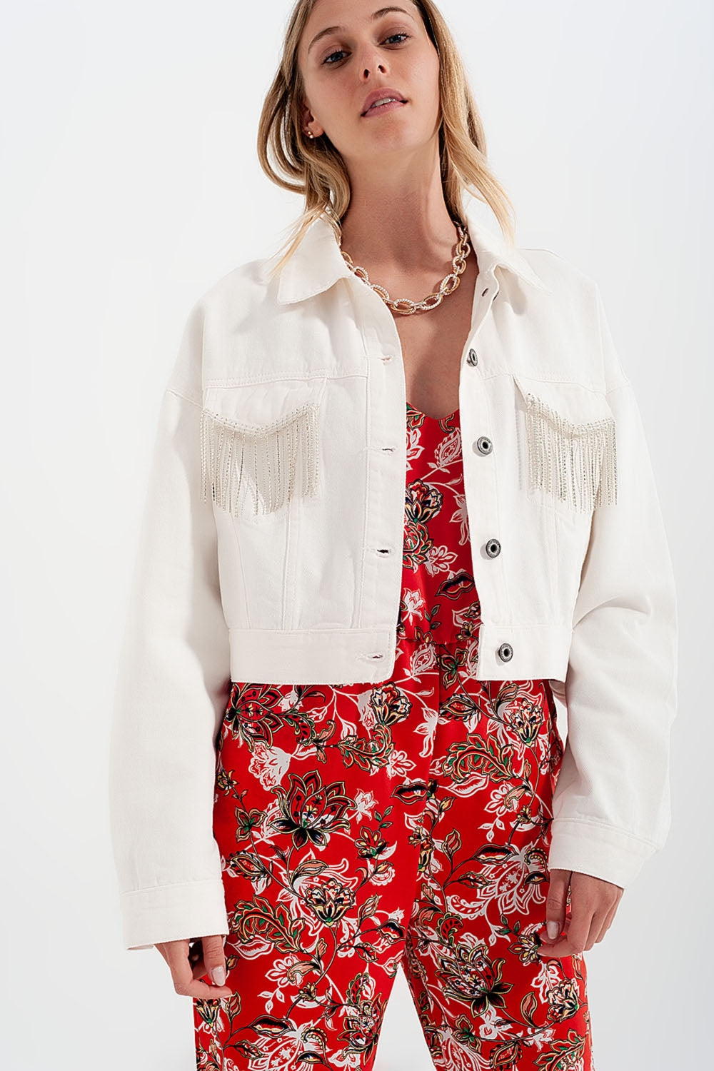 Denim jacket with diamante fringing in white Q2 Coats and Jackets BoutiqueLua