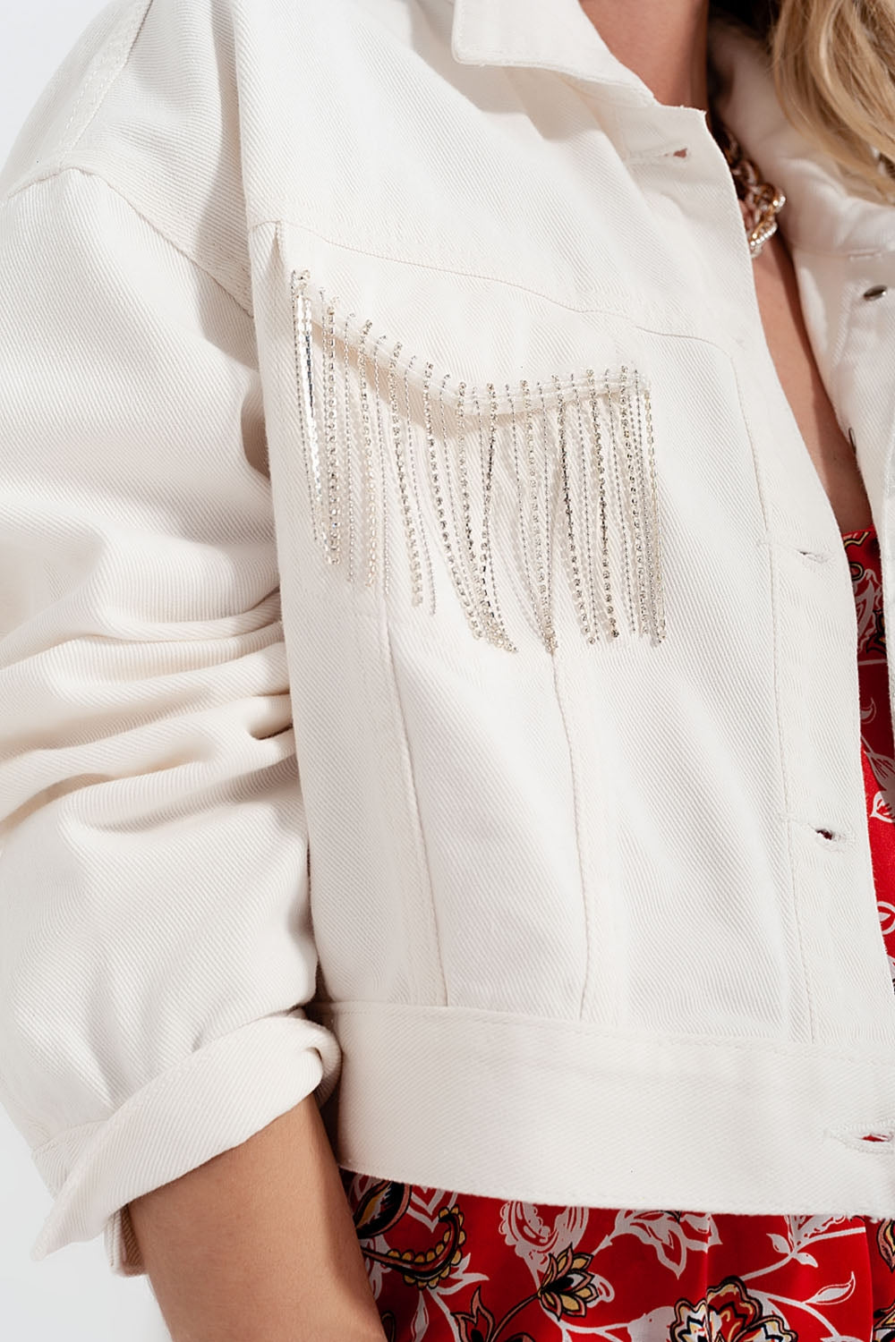 Denim jacket with diamante fringing in white Q2 Coats and Jackets BoutiqueLua
