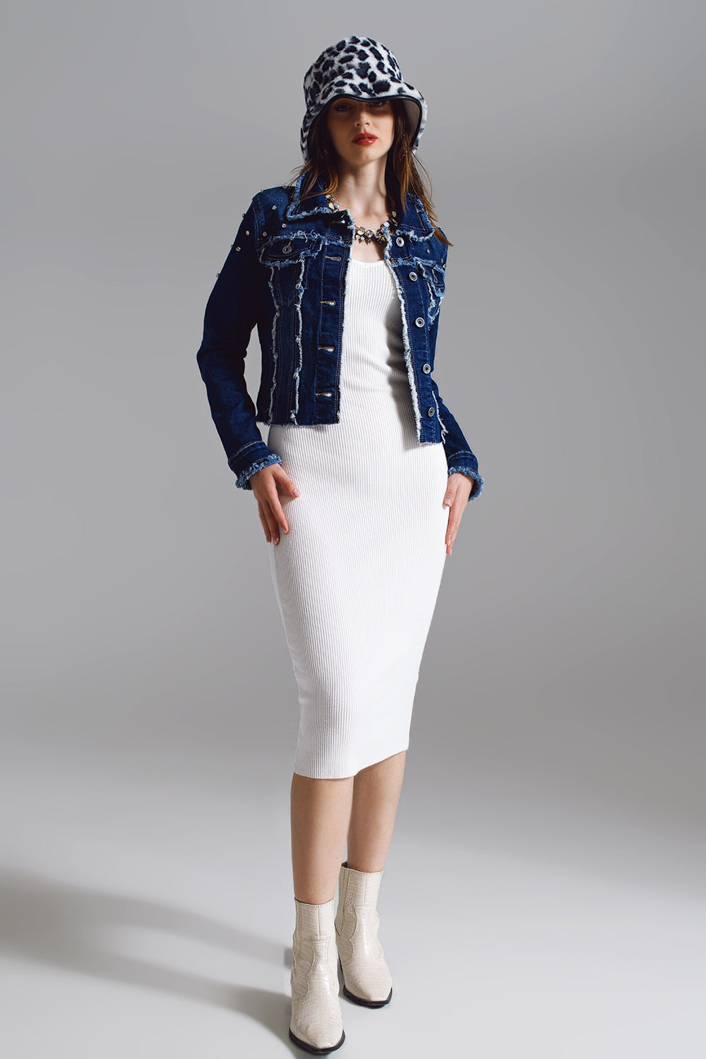 Denim jacket with frayed and embroidered details in Midwash Q2 Coats and Jackets BoutiqueLua