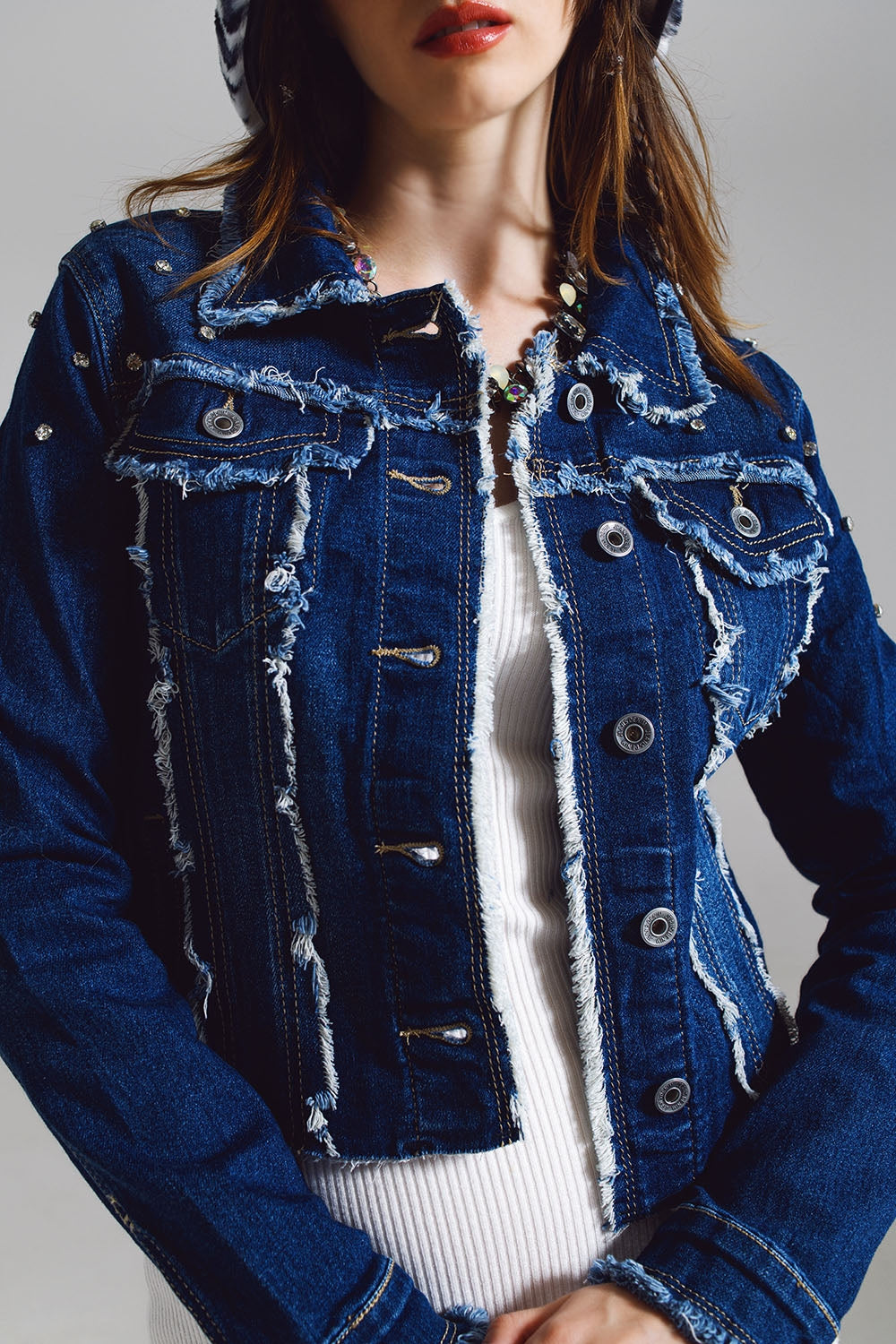 Denim jacket with frayed and embroidered details in Midwash Q2 Coats and Jackets BoutiqueLua