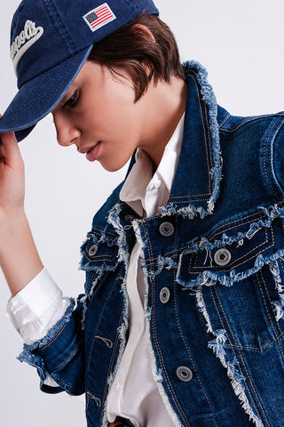 Denim jacket with frayed design and unfinished hem