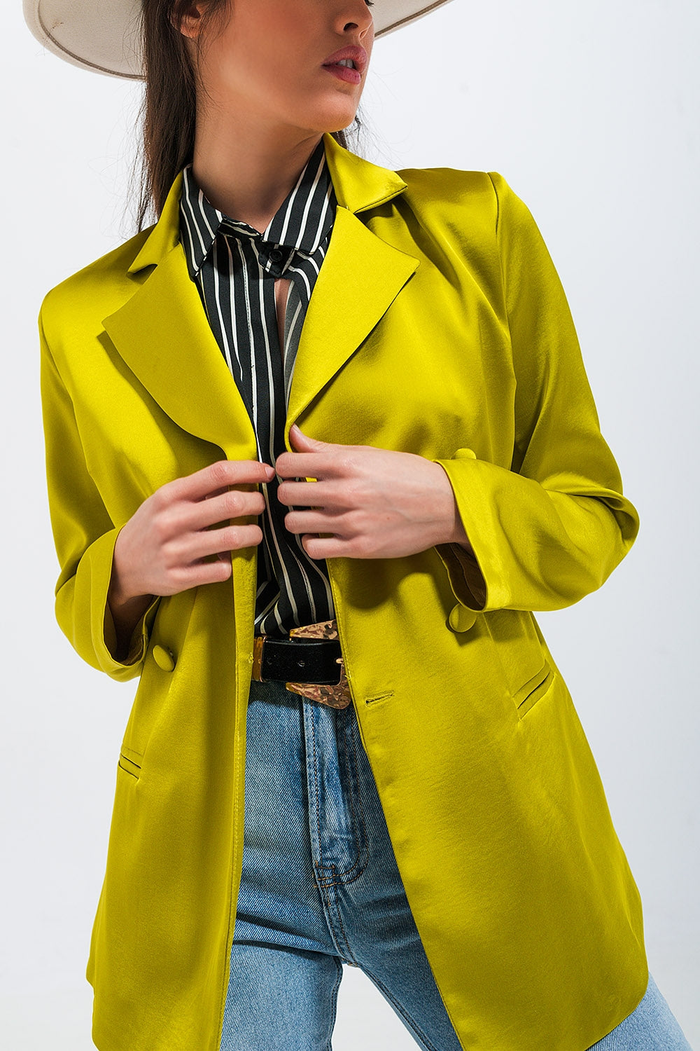 Double breasted satin blazer in lime green Q2 Coats and Jackets BoutiqueLua