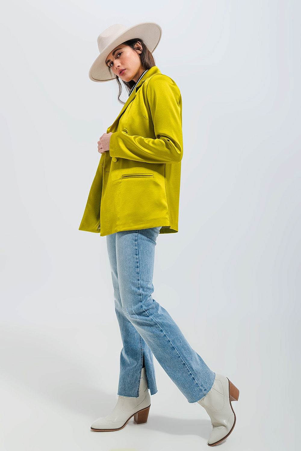Double breasted satin blazer in lime green Q2 Coats and Jackets BoutiqueLua