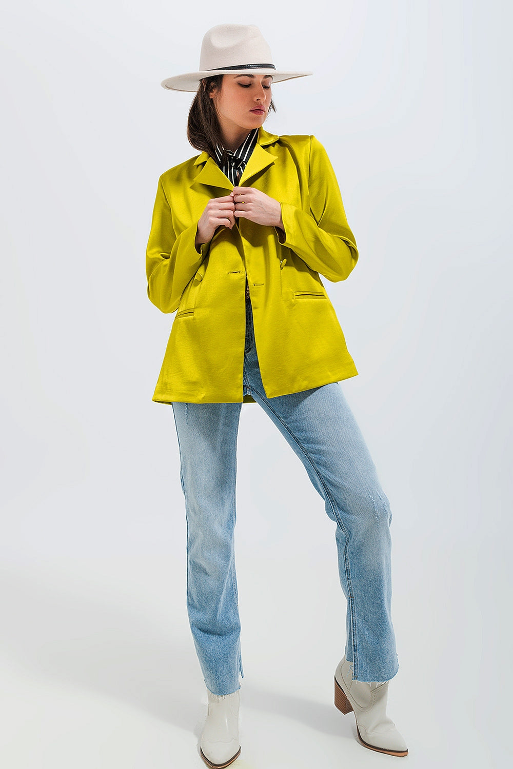 Double breasted satin blazer in lime green Q2 Coats and Jackets BoutiqueLua