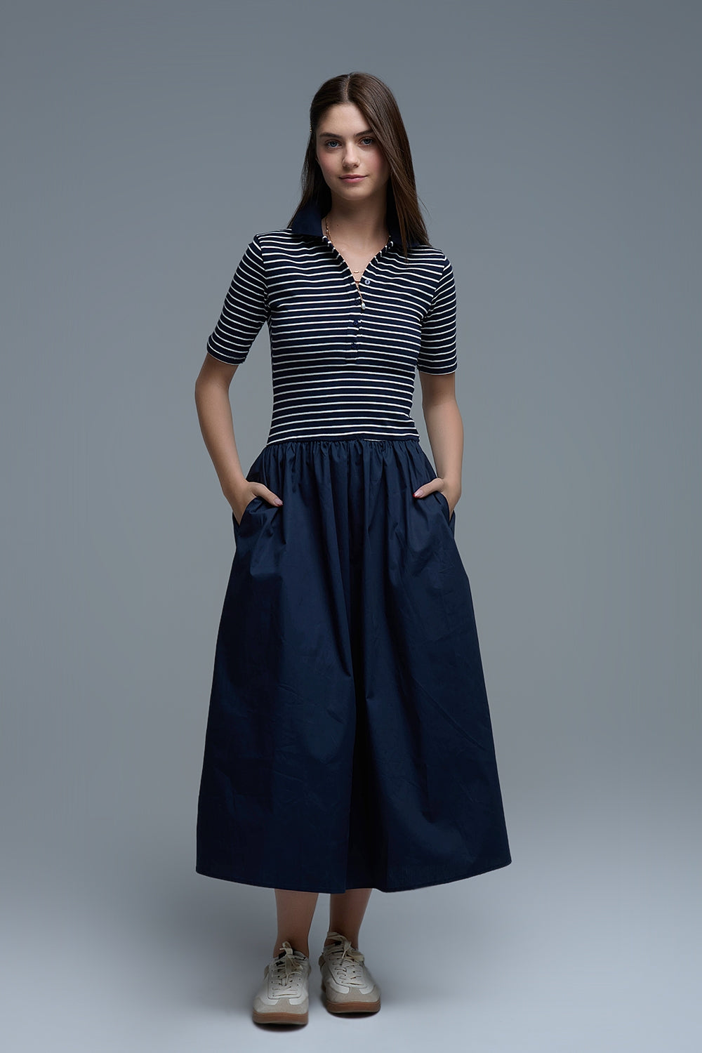 Dress With Polo Striped Top and Poplin midi Skirt in Navy - Dresses