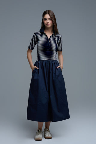 Dress With Polo Striped Top and Poplin midi Skirt in Navy