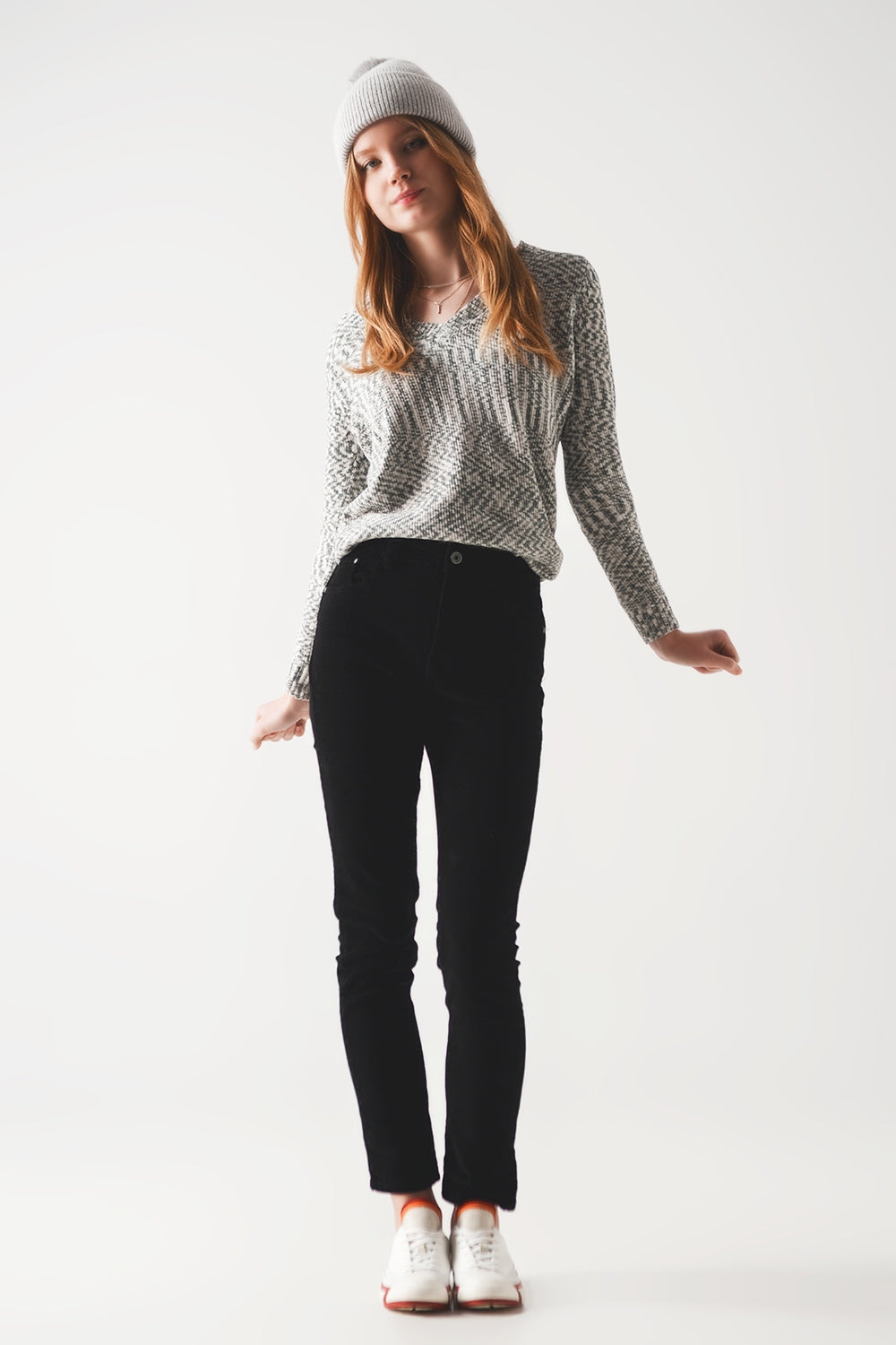 Elastic Cotton skinny cord pants in black Q2 Pants BoutiqueLua