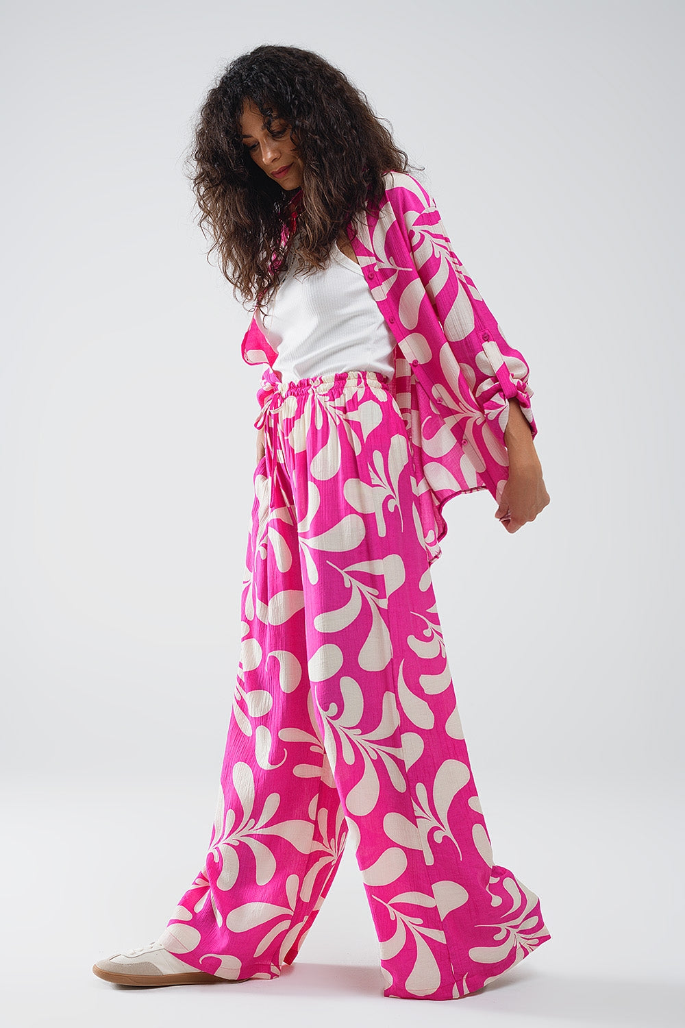 Elasticated Waist Straight Leg Pants In Fuchsia Floral Print - Trousers