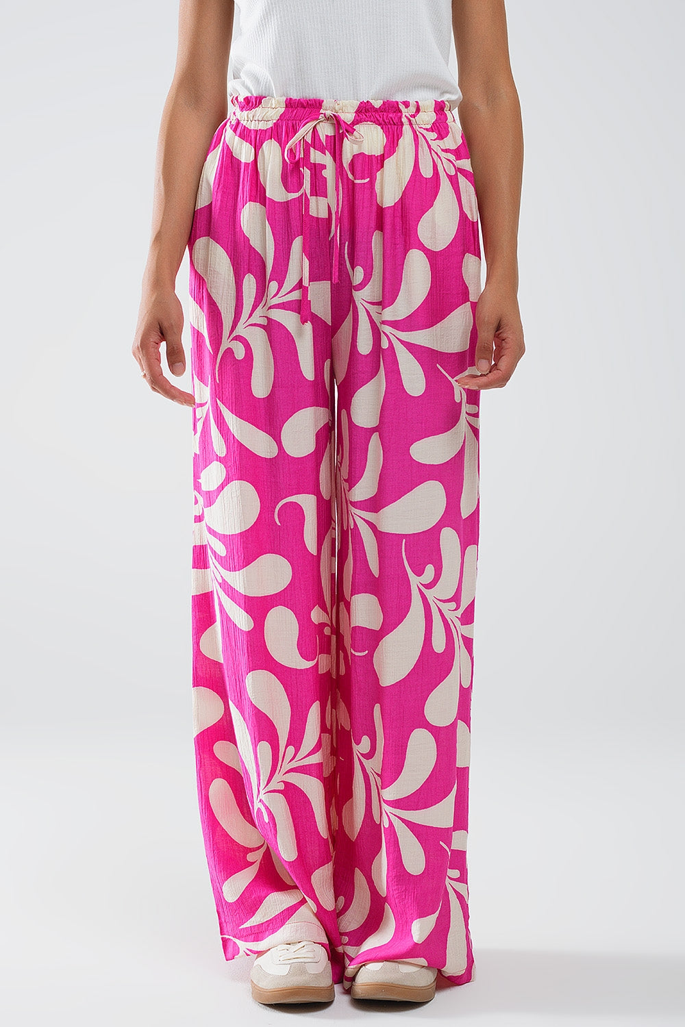 Elasticated Waist Straight Leg Pants In Fuchsia Floral Print - Trousers