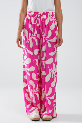Elasticated Waist Straight Leg Pants In Fuchsia Floral Print