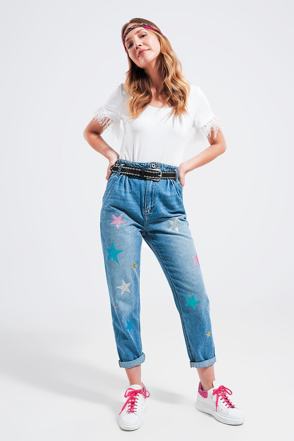 Embellished top with faux feather cuffs in white Q2 Tops BoutiqueLua