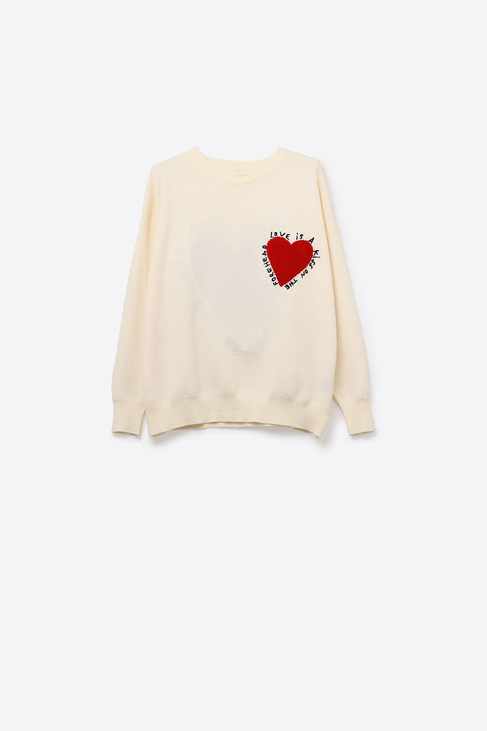 Embroidered Heart knitted Sweatshirt With Text in Cream - Sweaters