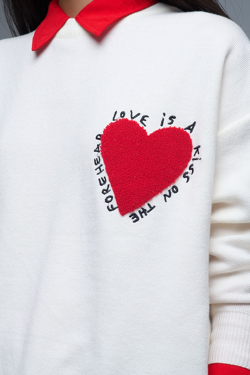 Embroidered Heart knitted Sweatshirt With Text in Cream - Sweaters