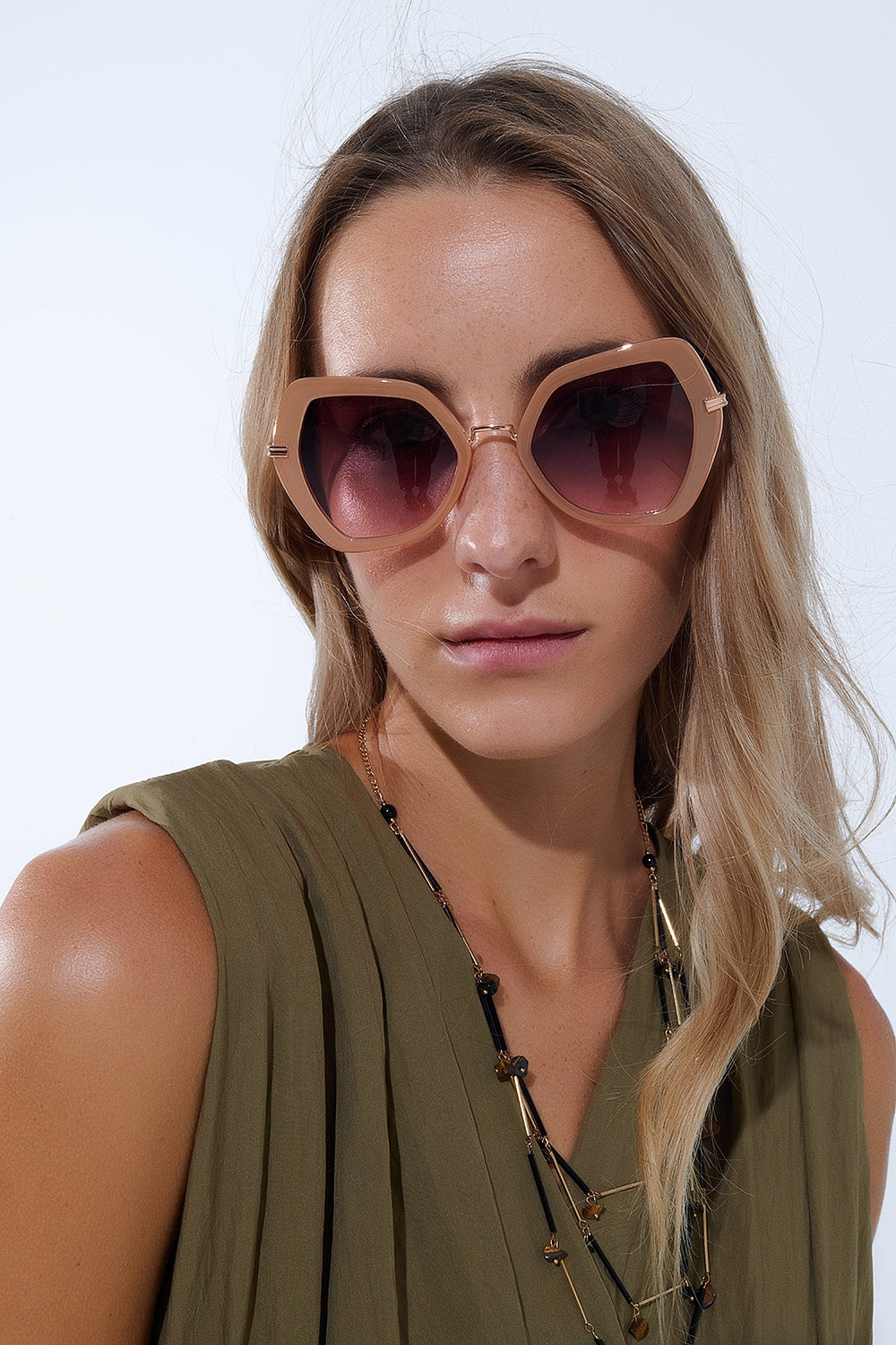 Extra Large Hexagonal Cat Eye Sunglasses in Beige -