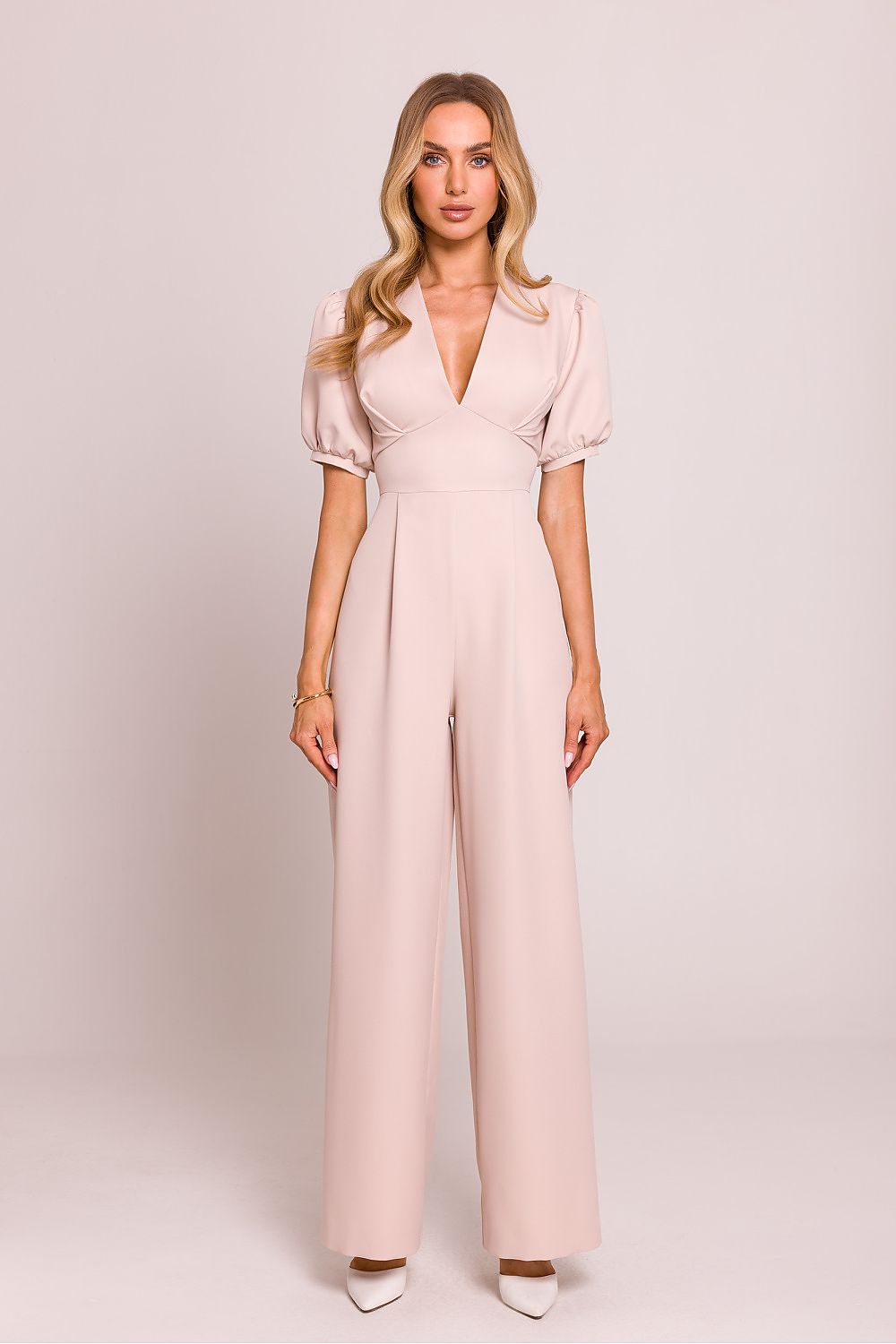 Elegant Tailored Jumpsuit with Puff Sleeves beige - Jumpsuits