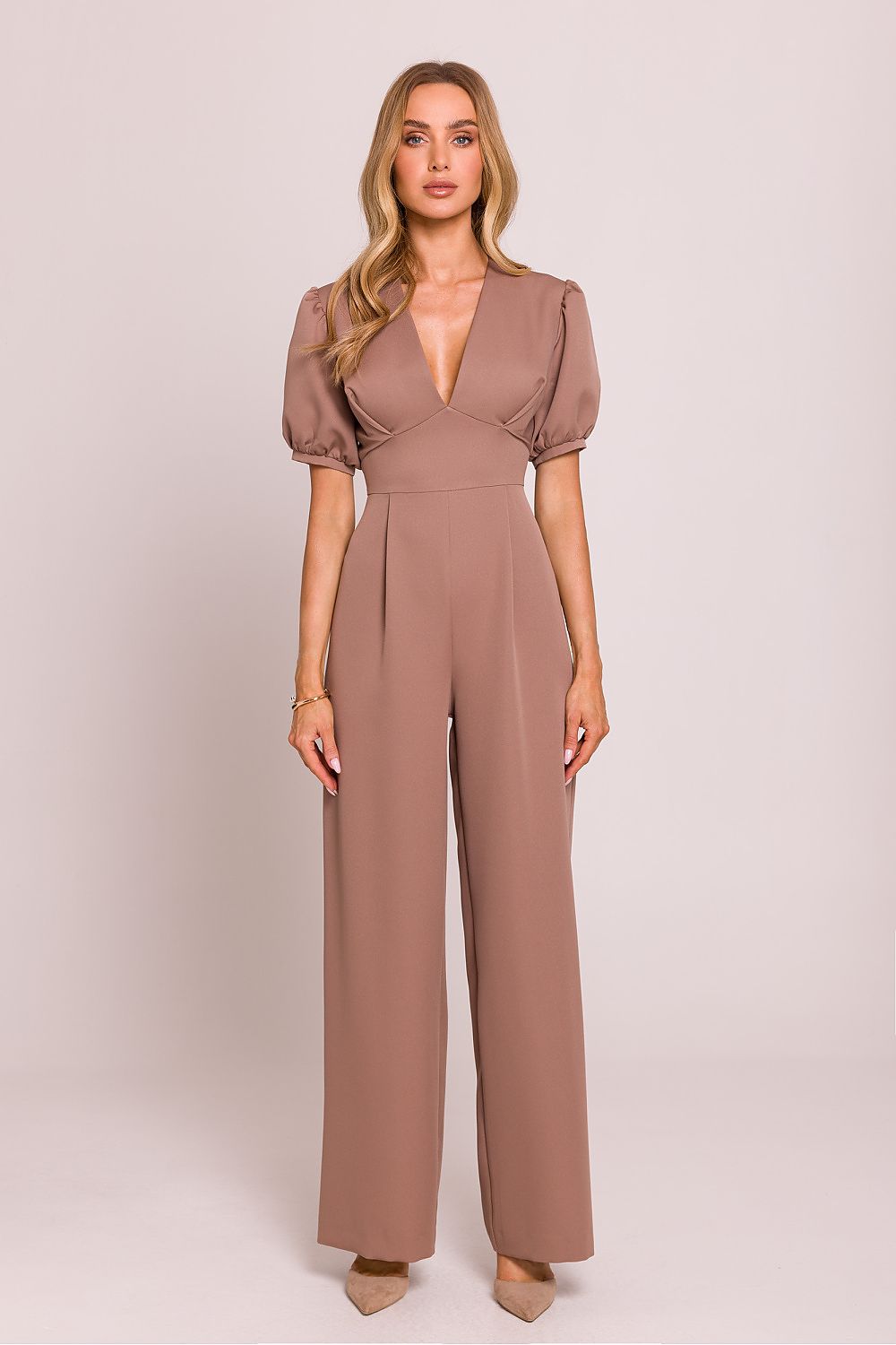 Elegant Tailored Jumpsuit with Puff Sleeves brown - Jumpsuits
