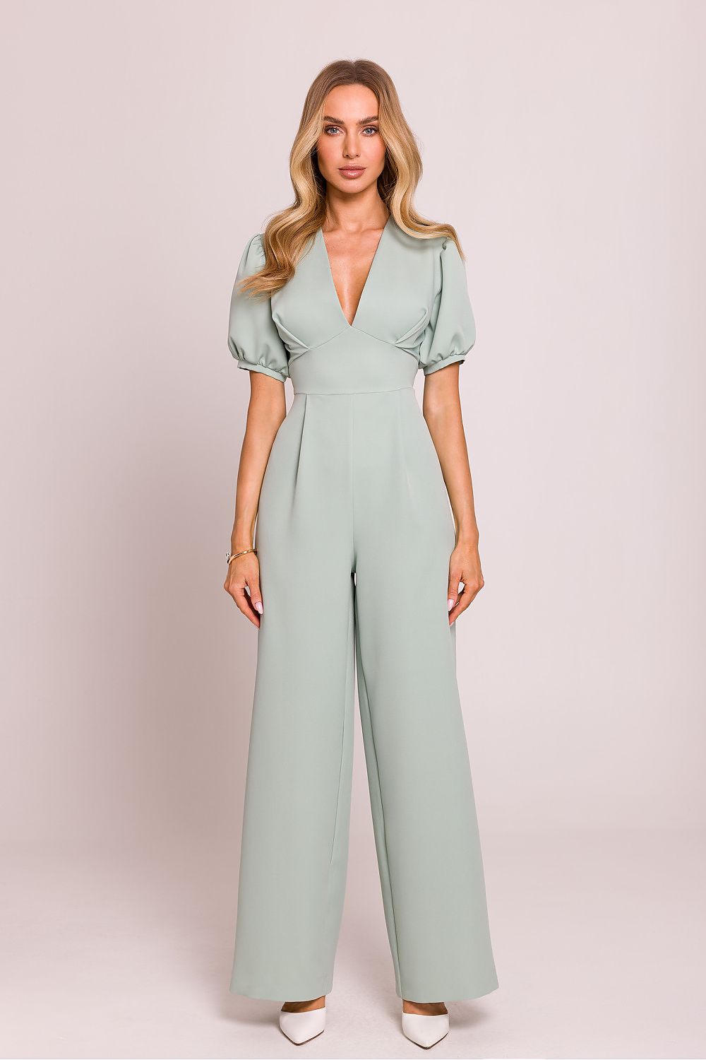 Elegant Tailored Jumpsuit with Puff Sleeves green - Jumpsuits