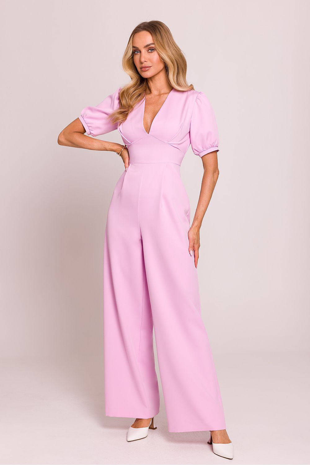 Elegant Tailored Jumpsuit with Puff Sleeves pink - Jumpsuits