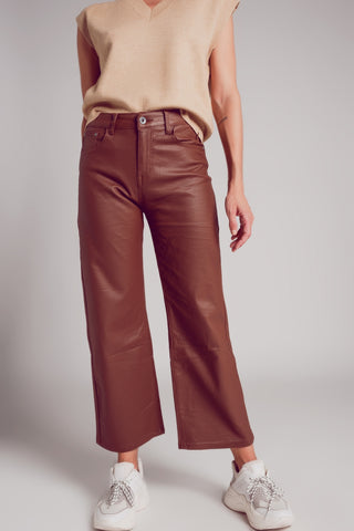 Pantalon large en similicuir marron