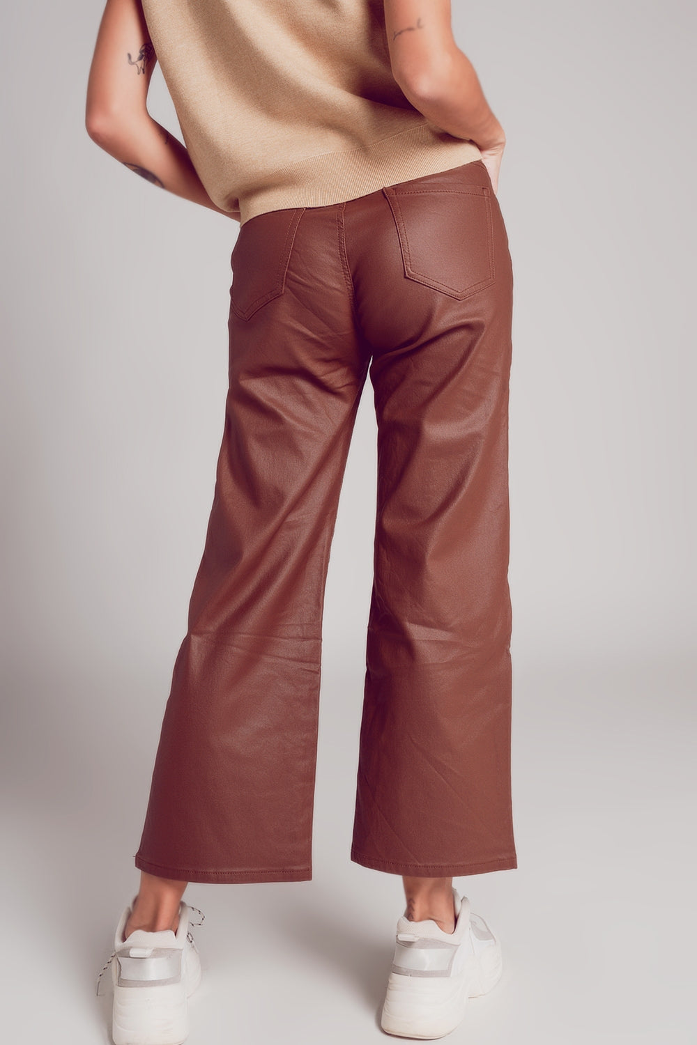 Faux leather wide leg trouser in brown - Trousers