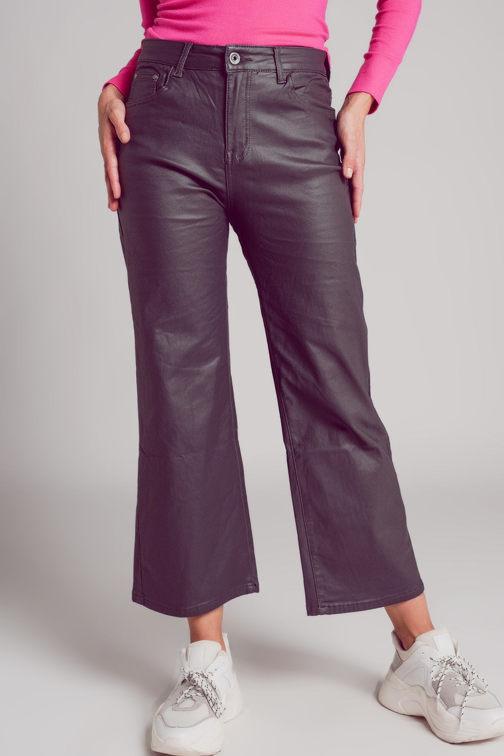 Faux leather wide leg trouser in grey - Trousers