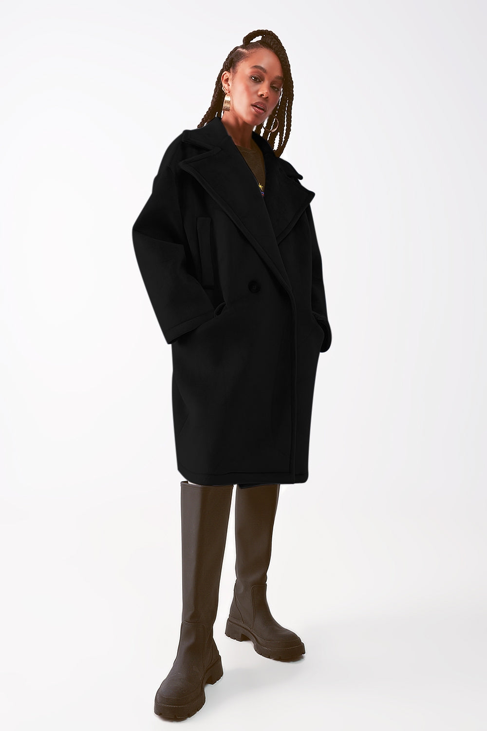 Faux suede oversized coat in black - Coats