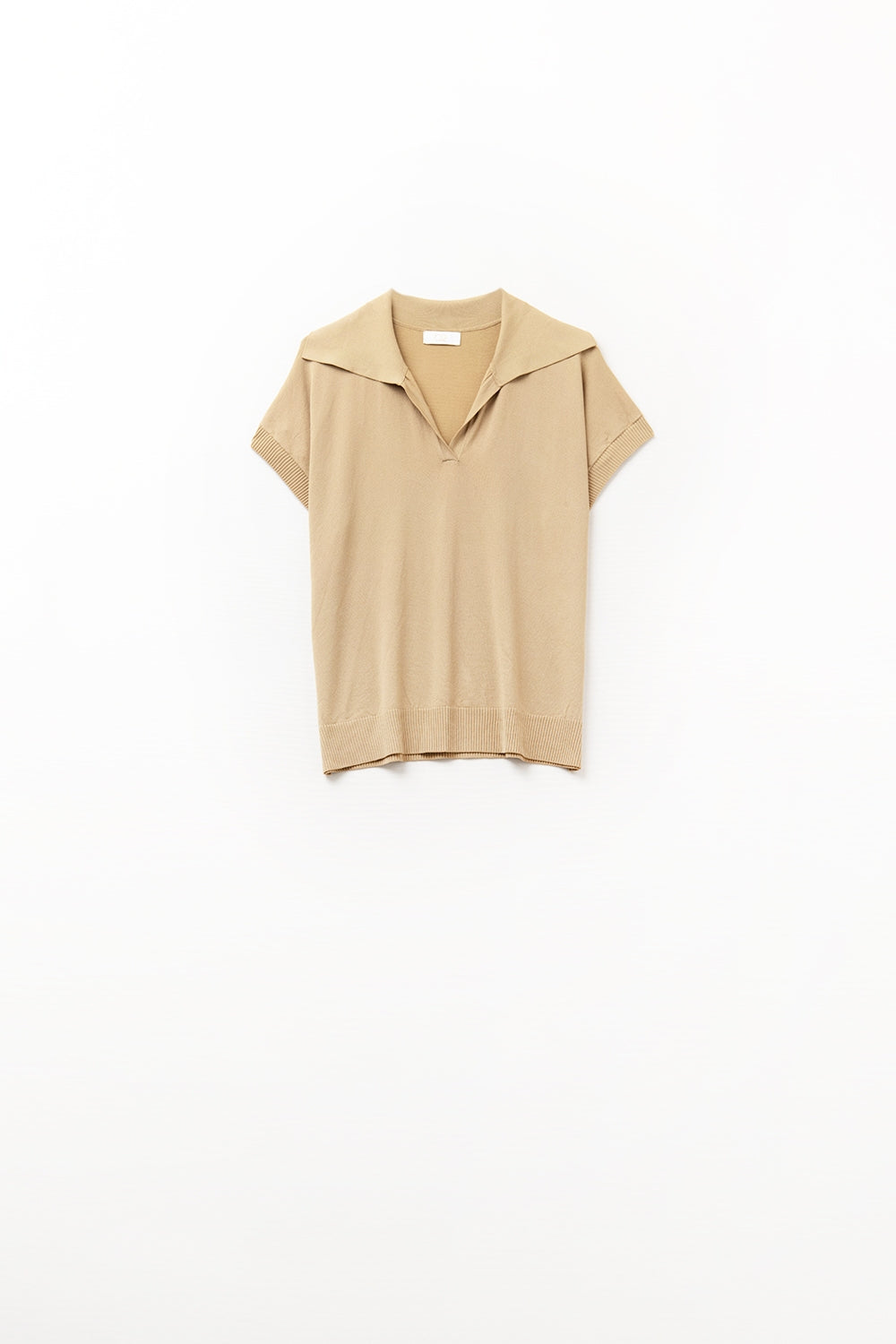 Fine Knit Polo-Style Short Sleeve Top in Camel - Polos
