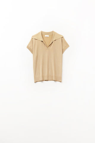 Fine Knit Polo-Style Short Sleeve Top in Camel