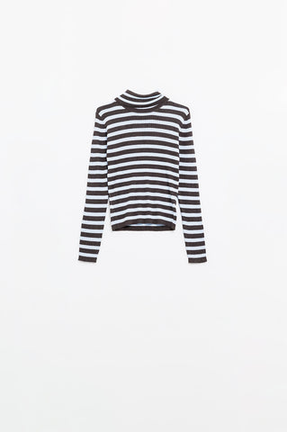 Fine knit wool sweater with blue and brown stripes