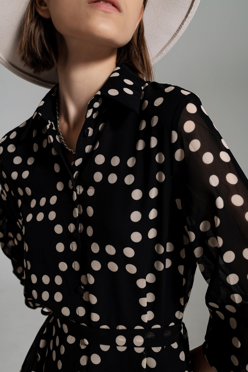 Fit and Frill Polka Dot Dress With Voluminous Sleeves in Black - Dresses