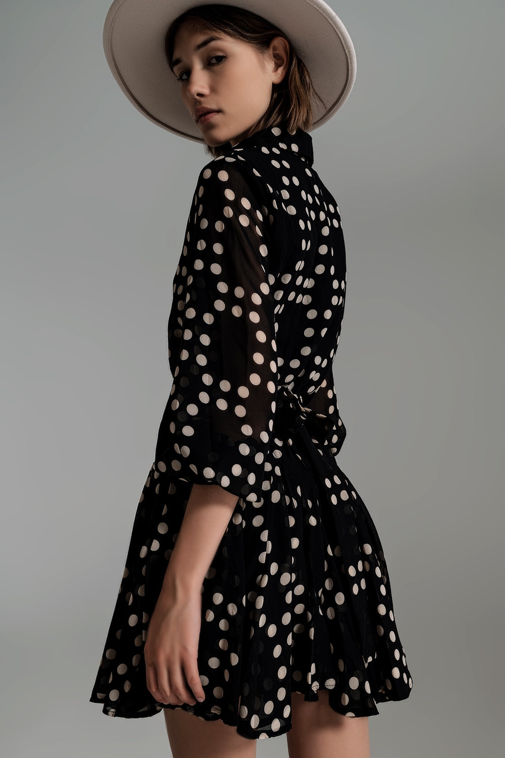 Fit and Frill Polka Dot Dress With Voluminous Sleeves in Black - Dresses
