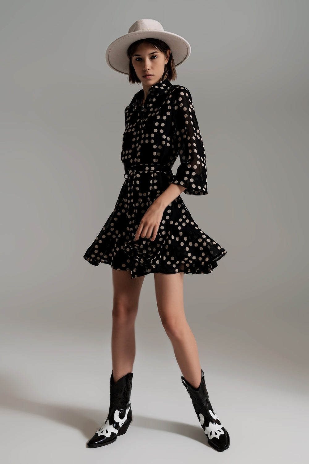 Fit and Frill Polka Dot Dress With Voluminous Sleeves in Black - Dresses