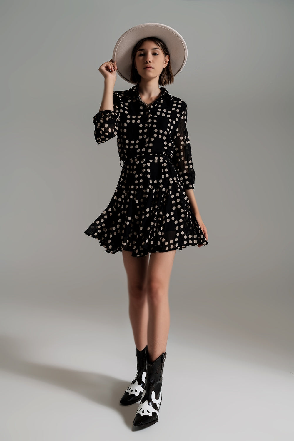 Fit and Frill Polka Dot Dress With Voluminous Sleeves in Black - Dresses