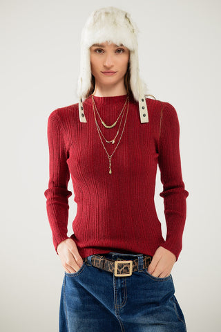 Pull côtelé ajusté marron avec détail en fil argenté