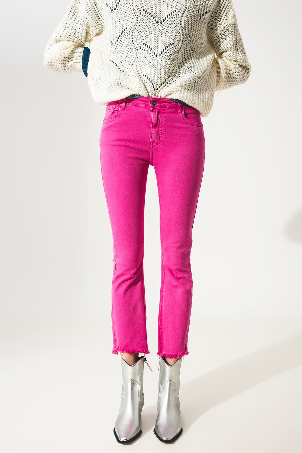 Flare jeans with raw hem edge in fuchsia Q2 Jeans BoutiqueLua