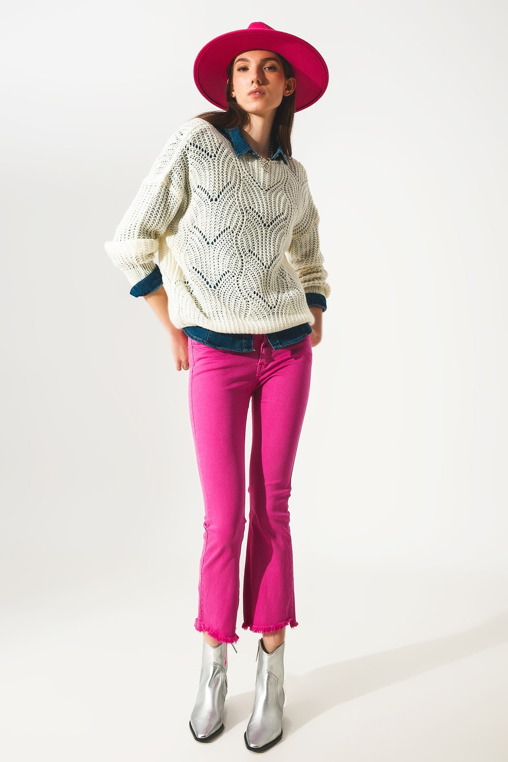 Flare jeans with raw hem edge in fuchsia Q2 Jeans BoutiqueLua